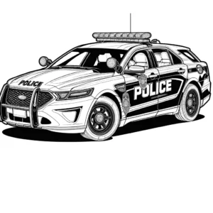Police car coloring page with flashing sirens and black and white color scheme coloring page