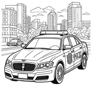 Outline of a police car with sirens and logo, perfect for coloring by kids. coloring page