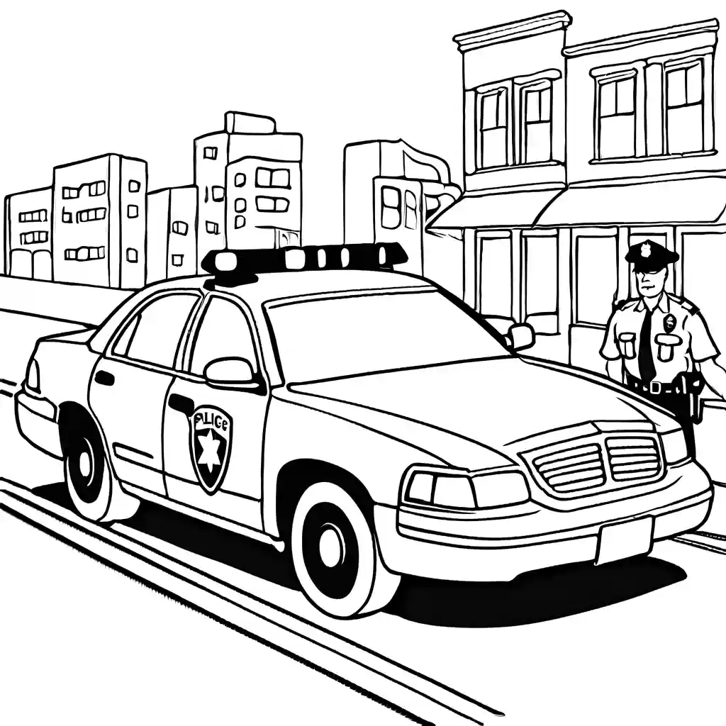 Illustration of a police car with officers conducting a traffic stop and talking to a driver on the road, coloring page