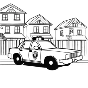 Police car in a residential neighborhood patrolling the streets, coloring page