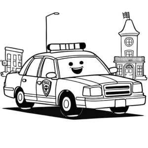 Police car with a police officer directing traffic, coloring page