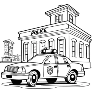 Cheerful police car and station coloring page