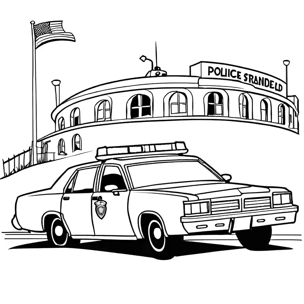 Illustration of a police car assisting a stranded motorist on the side of the road, with the hood up, coloring page