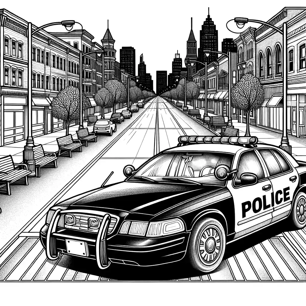 Police car parked on the street with its lights on at night coloring page