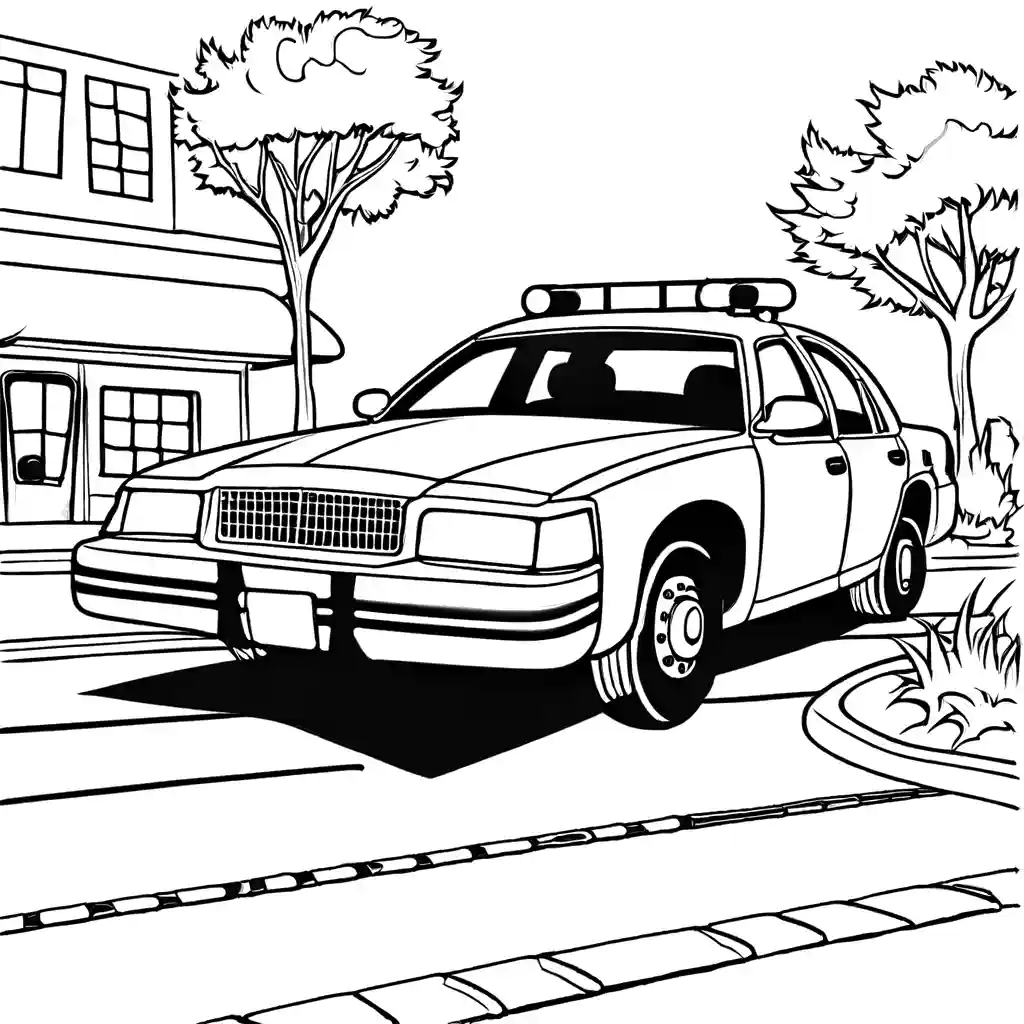 Illustration of a police car with its lights illuminating the scene of a traffic accident at night, coloring page