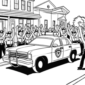Illustration of a police car participating in a community parade with people cheering on the sidewalk, coloring page