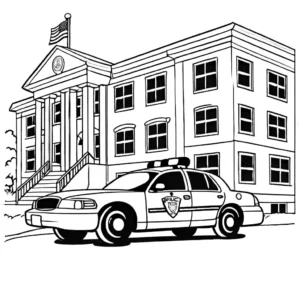 Police car parked outside a school with children waving from the windows, coloring page