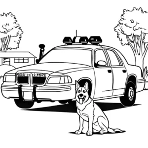 Illustration of a police car with a K-9 unit dog in the backseat, patrolling the neighborhood, coloring page