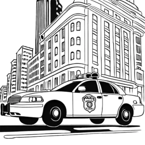 Police car with a police officer inside, driving on a city street, coloring page