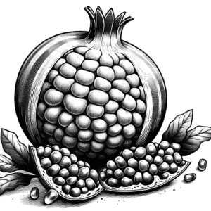 Pomegranate outline coloring page with seeds and leafy stem coloring page