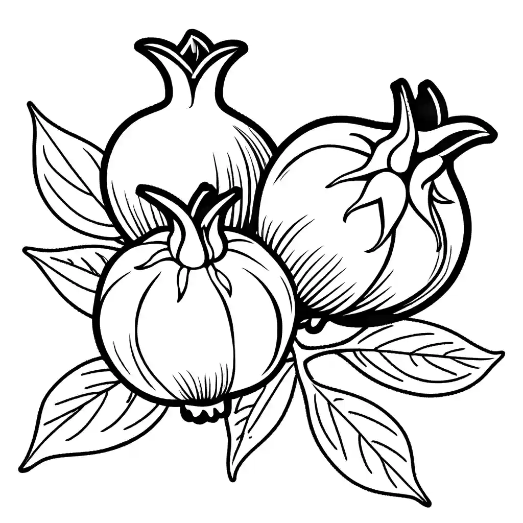 Pomegranate coloring page sketch with leaves and stem coloring page