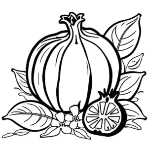 Pomegranate surrounded by garden leaves and flowers coloring page