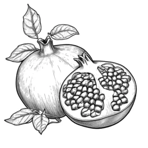 Pomegranate coloring page with stem and leaves coloring page