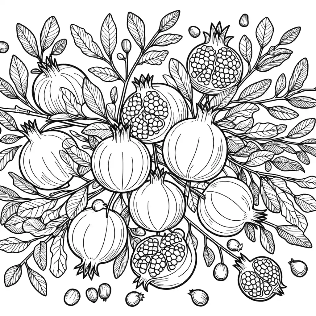 Pomegranates and tree branches outline drawing for coloring page