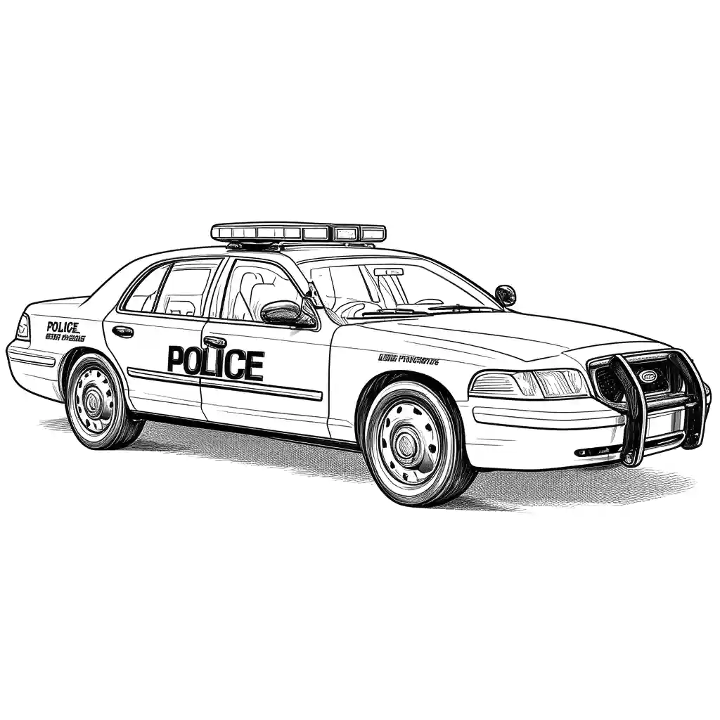 Outlined police car drawing with 'police' word and spotlight coloring page