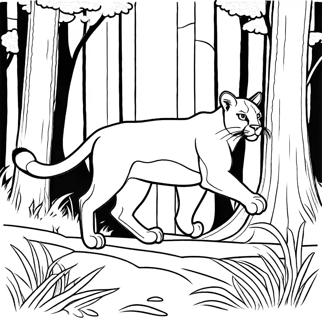 Puma running in forest with dappled sunlight coloring page