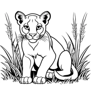 Puma crouching in tall grass with piercing eyes coloring page