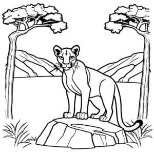 Puma standing on rocky cliff with trees in background coloring page