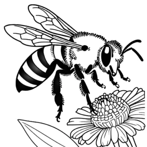 Realistic bee collecting nectar from a flower coloring page