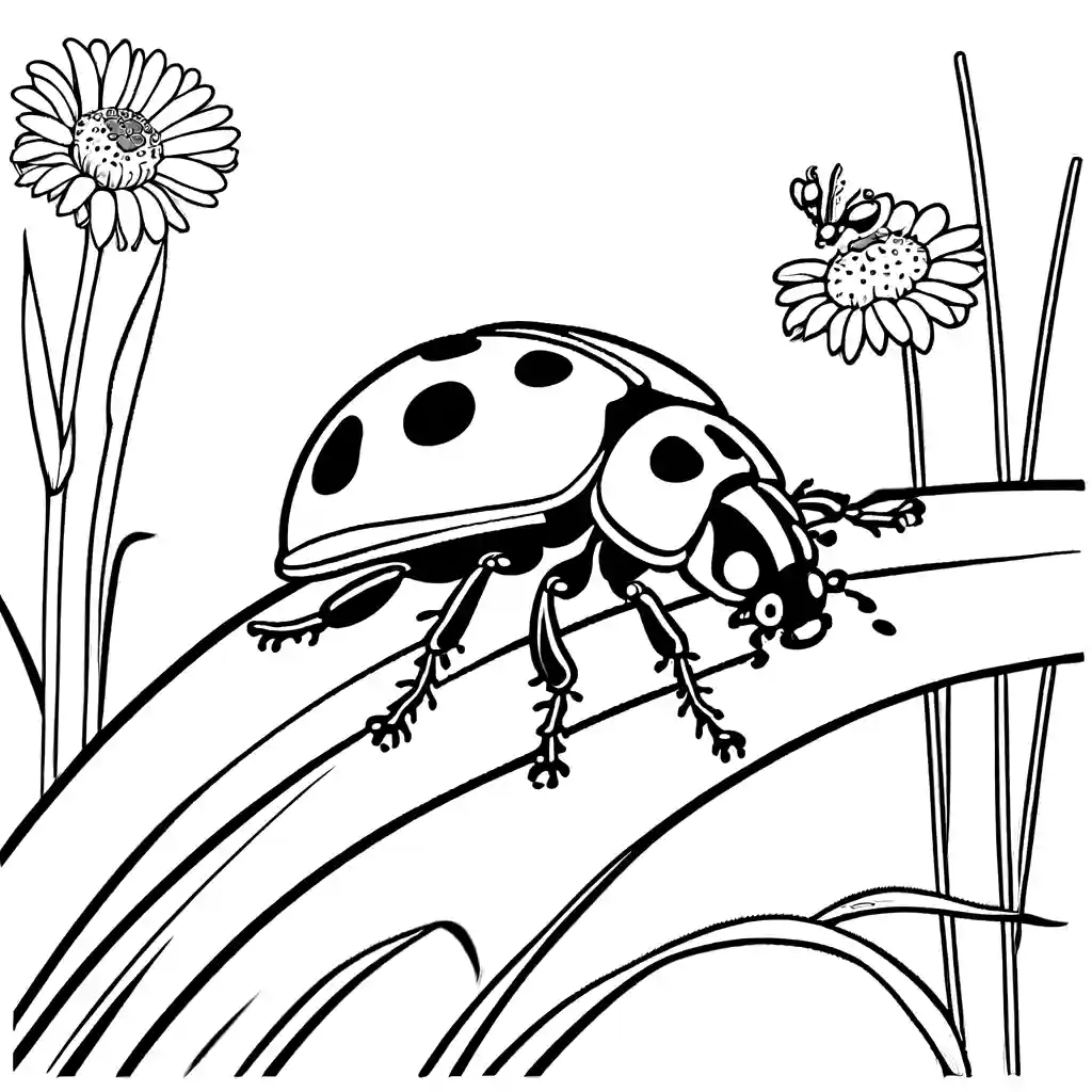 Highly detailed illustration of a red and black ladybug in a natural environment coloring page