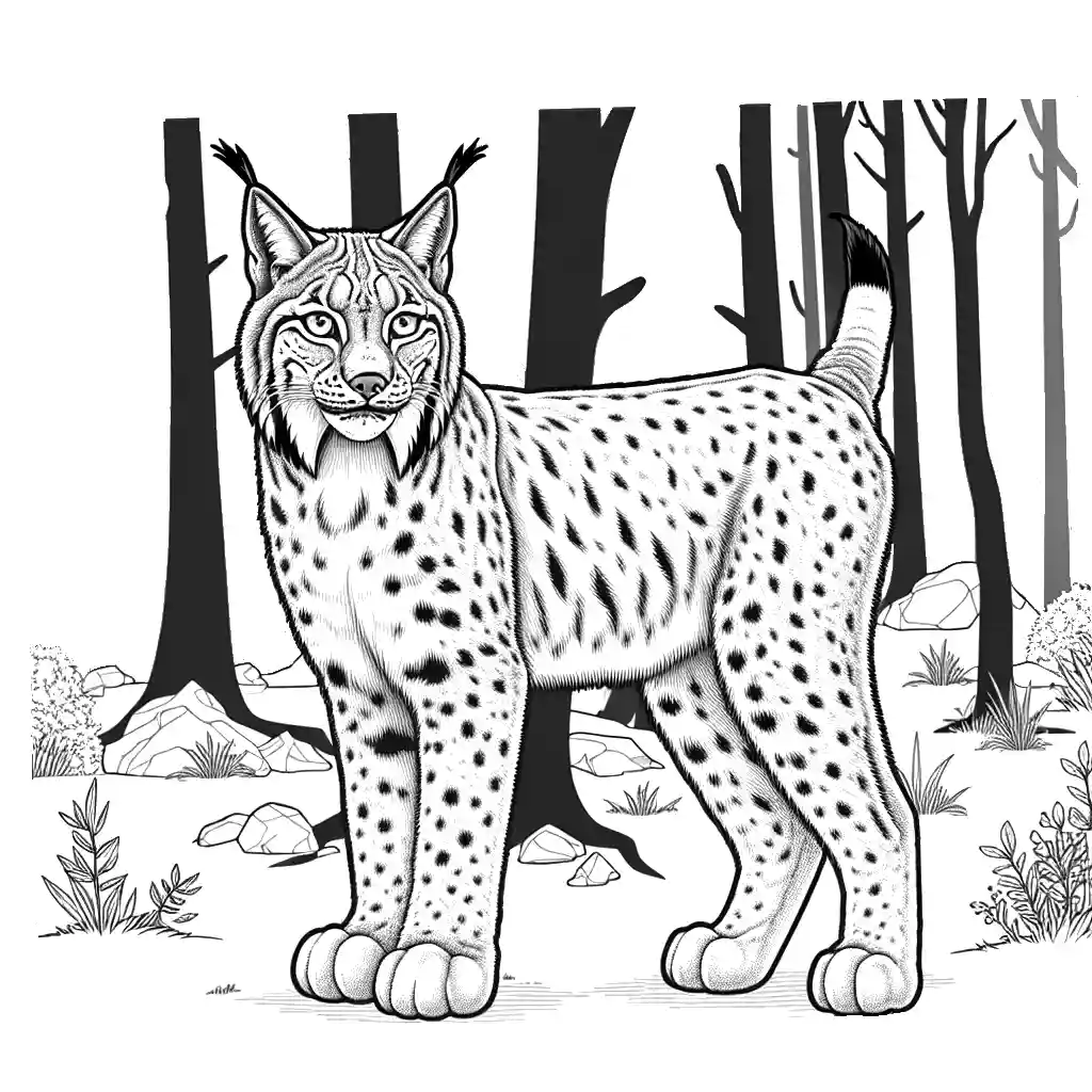Lynx standing in a forest coloring page