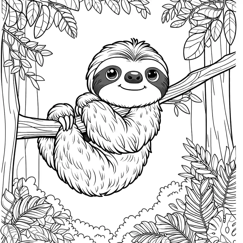 Realistic sloth hanging from a tree branch in a jungle coloring page