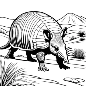 Realistic armadillo walking through a dry rocky terrain coloring page