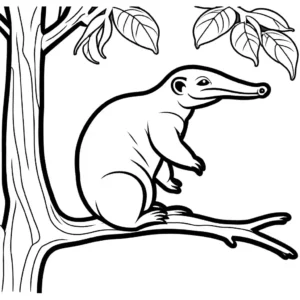 Outline of an anteater lounging on a tree branch with a leafy background coloring page