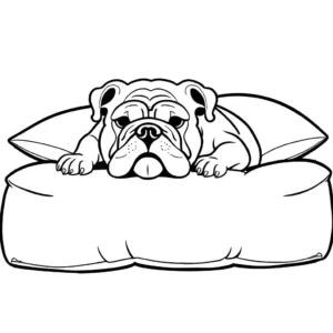 Bulldog lying on fluffy pillow with sleeping mask coloring page