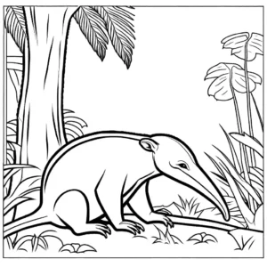 Anteater relaxing under the shade of a tree in the jungle coloring page