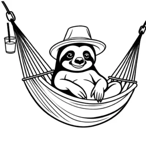 Cute sloth in a hammock with a coconut drink and sun hat coloring page