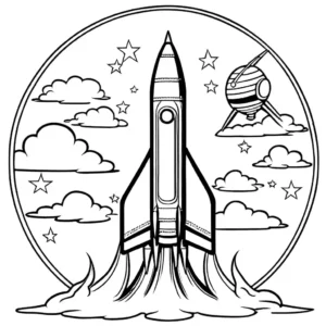 Vintage rocket in retro colors taking off into space coloring page