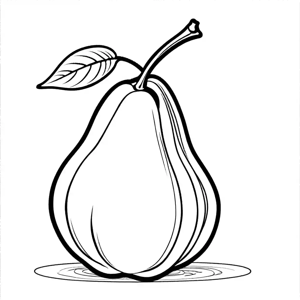 Ripe pear with stem and leaves, line drawing for coloring page