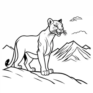 Puma roaring on mountain peak with snow-capped peaks in distance coloring page