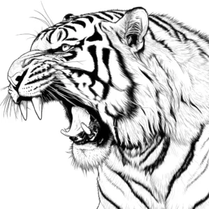Fierce tiger growling in natural habitat, jungle cat coloring illustration coloring page