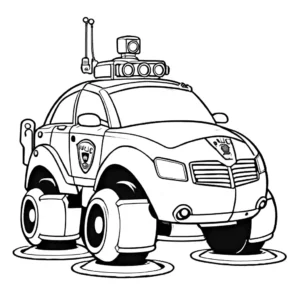 Robot themed police car coloring page with mechanical features and waving hand coloring page