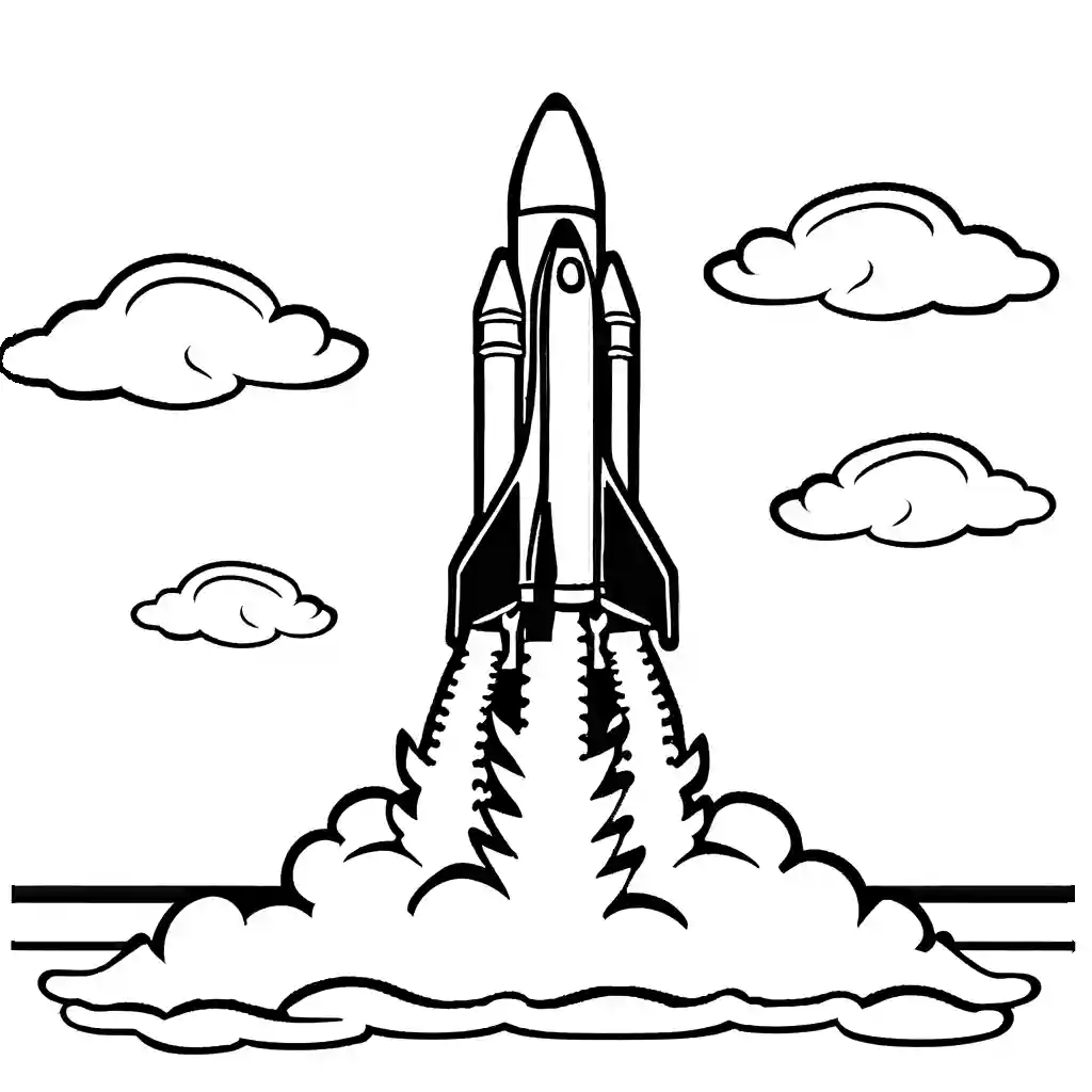 Rocket blasting off with a trail of smoke behind it coloring page