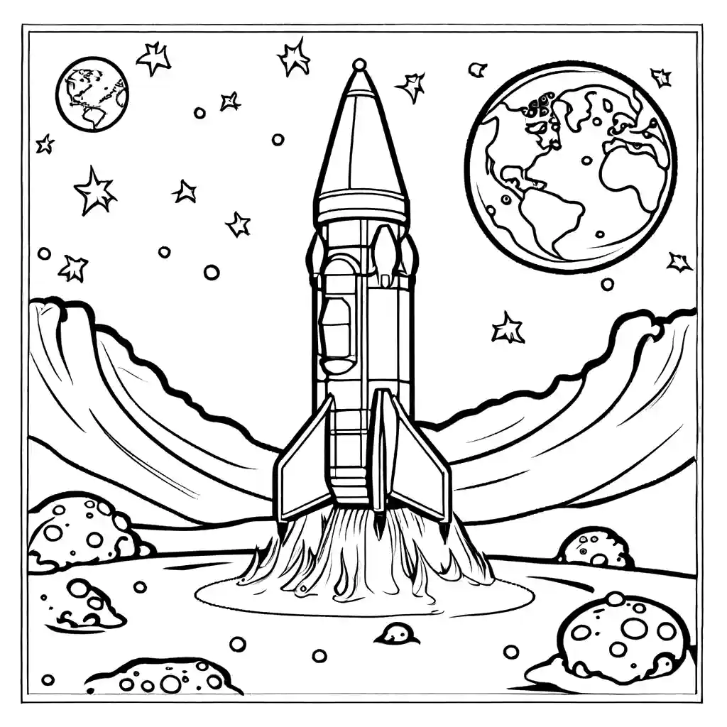 Rocket landing on the surface of the moon coloring page