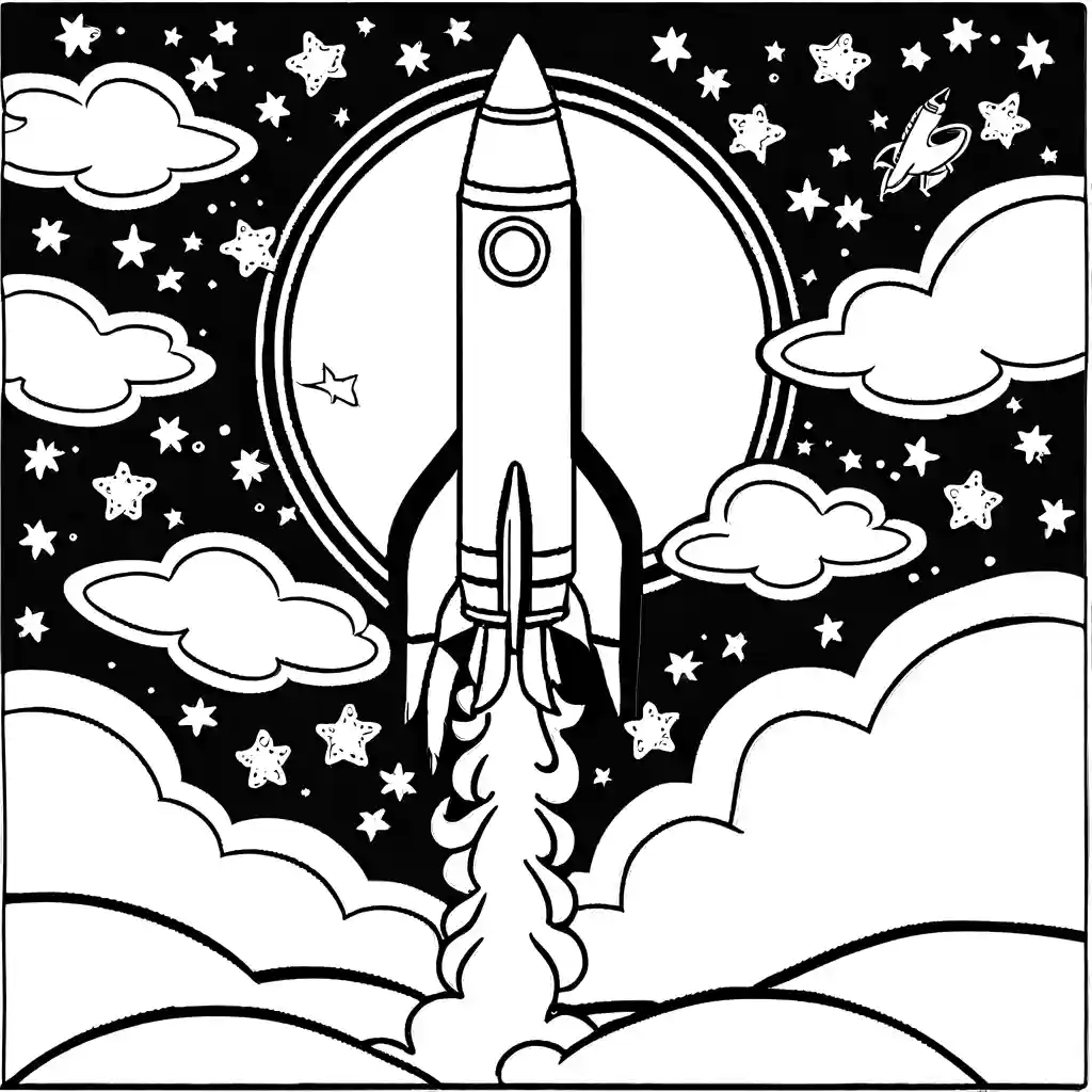 Rocket launching into starry night sky coloring page