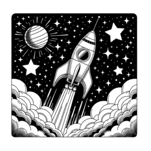 Rocket flying through the stars in outer space coloring page
