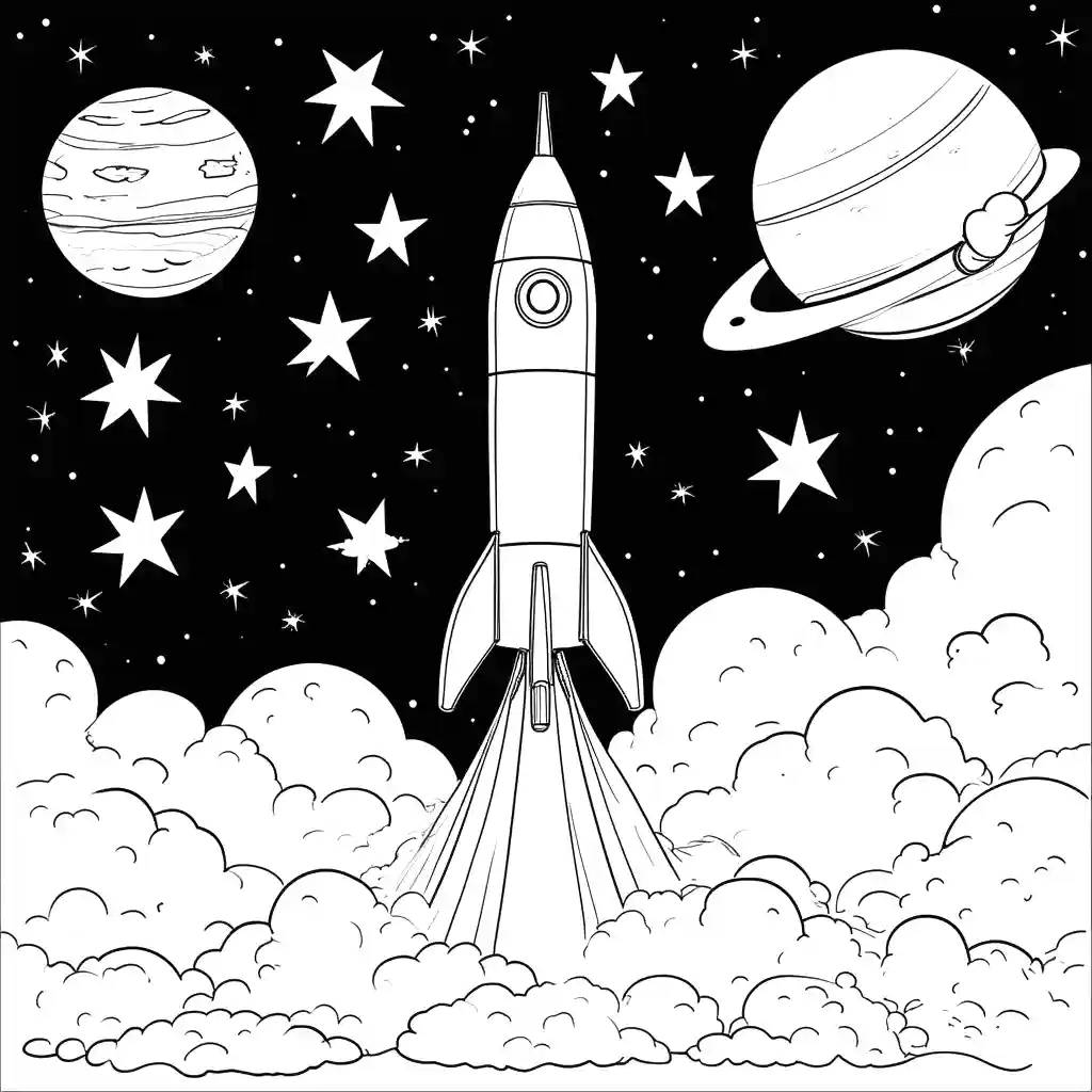 Rocket coloring page with stars and planets in the background coloring page