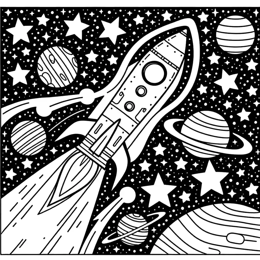Rocket flying in outer space with stars and planets in the background coloring page