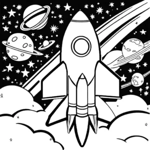 Flying rocket with stars in the background coloring page
