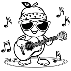 Coloring page of a funny apple playing a guitar, wearing sunglasses and a bandana, surrounded by musical notes. coloring page