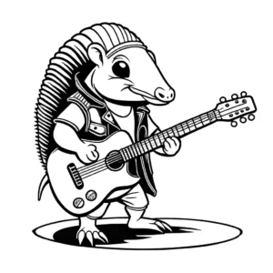 Funny armadillo playing guitar in rock band with leather jacket and sunglasses coloring page