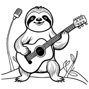 Funny sloth playing guitar and singing into a microphone coloring page