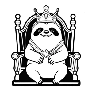 Amusing sloth wearing a crown sitting on a throne like a king coloring page