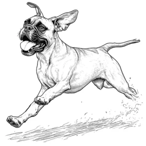 Playful Boxer dog running with its tongue out and floppy ears coloring page