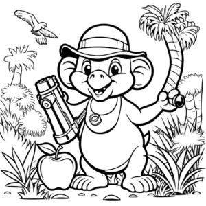 Coloring page of a funny safari explorer searching apples, holding binoculars with jungle animals and plants behind. coloring page