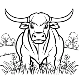 Bull with a serene expression in a peaceful meadow coloring page